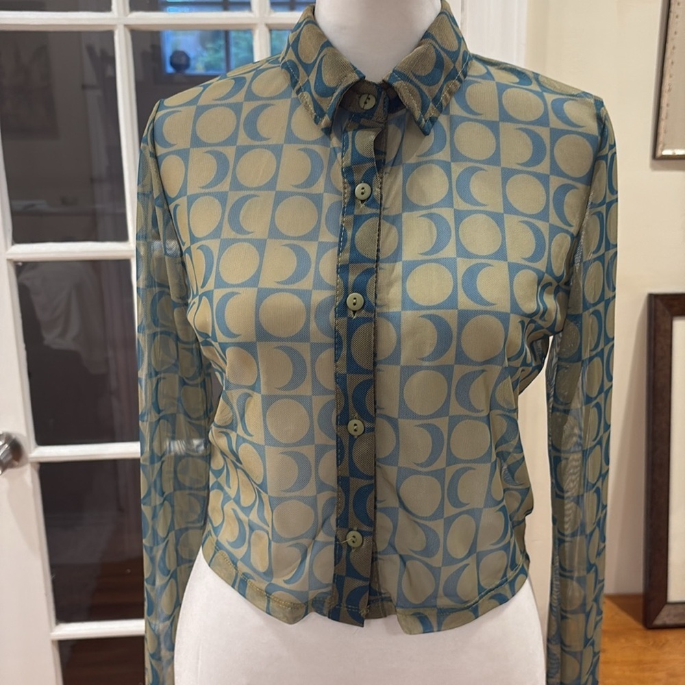 Pull & Bear Geometric Patterned Sheer Button-Up T… - image 2